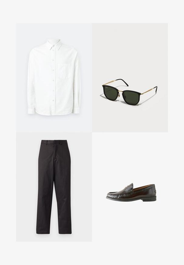 Fekete puffervest magas gallérral, fényes felülettel, cipzáras elülső záródással, és átlós varrásokkal díszített steppelt mintával.; Fehér, hosszú ujjú, gombos ing, amely könnyű anyagból készült. Elülső zsebbel, klasszikus gallérral és diszkrét textúrával rendelkezik.; Fekete nadrág, pamut keverék anyagból készült, egyenes szárú kivitelben, elöl zsebekkel, és standard derékkal, övhurkokkal.; Barna bőr loaferek sima felülettel, varrott díszítéssel, alacsony sarkúval és kerek orral. Talpa fekete gumiból készült a tapadás érdekében.; Fekete macskaszem napszemüveg zöld lencsékkel, arany fém díszítéssel és karcsú fekete szárakkal. Textúrázott keret merész, geometrikus mintával.