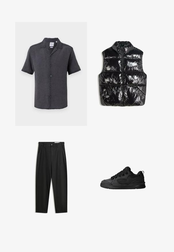 Čierny puffový vest s vysokým golierom, lesklým povrchom, predným zipsom a prešívaným dizajnom s diagonálnymi švovými akcentmi.; Tmavo šedá krátka rukávová košela s gombíkmi vyrobená z textúrovanej látky. Má golier a päť gombíkov na prednej strane.; Čierne bavlnené nohavice s voľným strihom, s klasickým pásom, prednými záhybmi a bočnými vreckami. Hladká textúra bez vzorov.; Čierne tenisky s textúrovaným zvrškom, s šnúrkami, sieťovinovými akcentmi pre priedušnosť, polstrovaným golierom a pevnou podošvou.