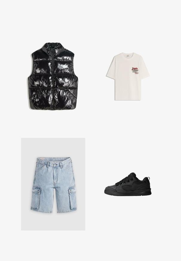 Mustat puffervestit, joissa on korkea kaulus, kiiltävä pinta, vetoketjukiinnitys ja tikattu muotoilu, jossa on kulmaleikkaukset.; Valkoinen puuvillapaita, jossa on lyhyet hihat ja pyöreä kaula-aukko. Vasemmassa rinnassa on painettu graafinen kuva punaisella ja mustalla tekstillä.; Vaaleansiniset farkku cargo-shortsit, joissa on rento istuvuus. Niissä on kaksi sivutaskua ja ommeltua yksityiskohtaa saumoissa.; Mustat tennarit, joissa on teksturoitu päällyspinta, nauhat, verkkokohdat hengittävyyttä varten, pehmeä kaulus ja kestävä pohja.