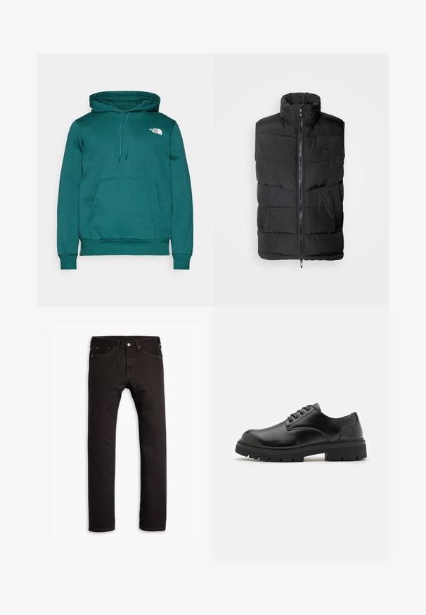 Schwarze Pufferweste mit hohem Kragen, vorne mit Reißverschluss und strukturierten Seitenpanels. Gestepptes Muster über die gesamte Fläche und minimalistische Markenakzent.; Tannengrüner Kapuzenpullover aus Baumwollmischung, mit einer Fronttasche in Form eines Kängurus und einem weißen Logo auf der linken Brust. Verstellbare Zugbänder.; Schwarze schmal geschnittene Jeans mit fünf Taschen und Knopfschluss, flach auf einem weißen Hintergrund präsentiert.; Schwarze Lederschuhe mit runder Zehenform, Schnürdesign und einer dicken, strukturierten Gummisohle. Sie verfügen über eine Naht entlang des Randes und haben eine glatte Oberfläche.