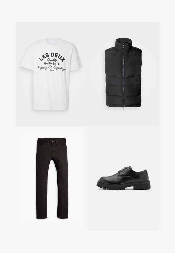 Black puffer vest with high collar, front zip closure, and textured side panels. Quilted pattern throughout and minimal branding detail.; Les Deux BARRY - Print T-shirt - light ivory; Black slim-fit jeans with five pockets and button closure, displayed flat on a white background.; Black leather shoes with a rounded toe, lace-up design, and a thick, textured rubber sole. Features stitching along the edge and a smooth finish.