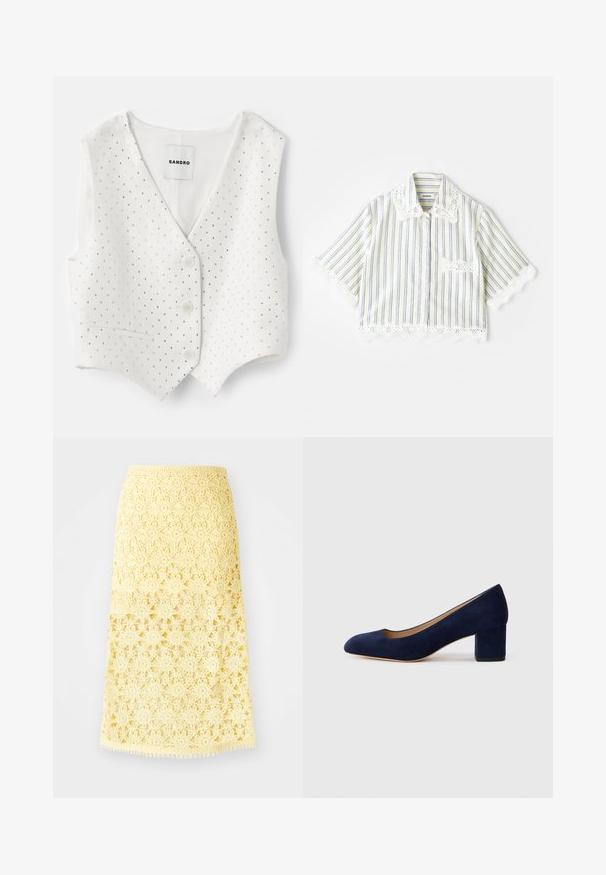 Baltas liemenės modelis su V formos iškirpte, su tekstūruotu paviršiumi, išmargintu mažomis sidabrinėmis kniedėmis, dviem mygtukais ir šonine kišenėle.; sandro CHEMISE - Užsagstoma palaidinė - ecru; Geltonas nertinis midi sijonas su žvaigždžių gėlių raštais, turintis banguotą apatinį kraštą ir tekstūruotą paviršių. Elastinga juosmens juosta, užtikrinanti patogumą.; Tamsiai mėlynos zomšos bateliai su smailiu nykščiu ir vidutinio aukščio blokiniu kulnu. Lygi tekstūra su subtiliu blizgesiu ir mažas įpjovimas priekyje.