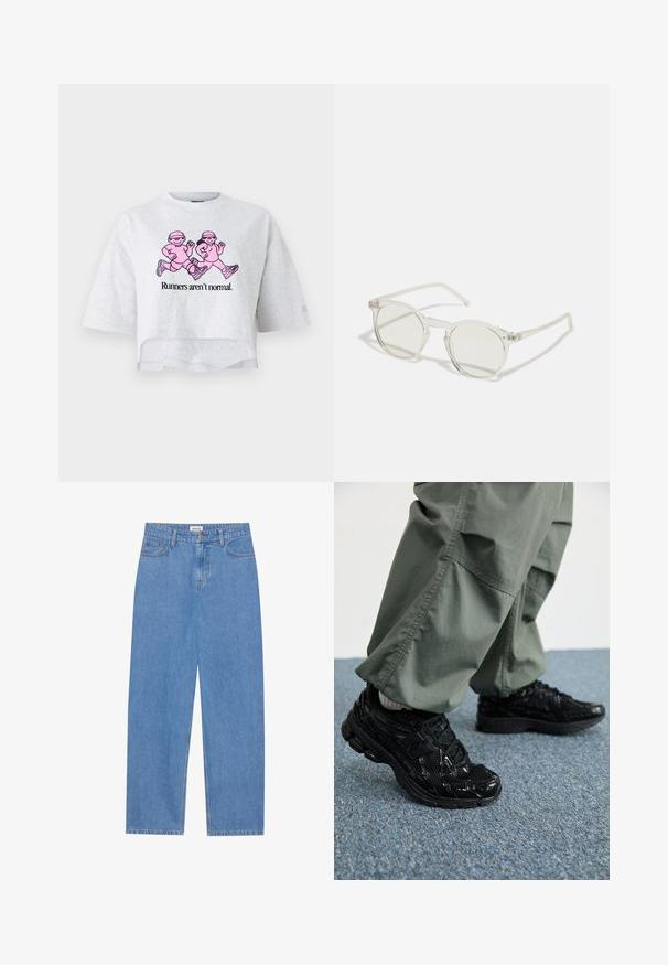 Colete sem mangas verde claro com gola alta, textura acolchoada, costura vertical e fecho na frente. Apresenta um pequeno logótipo no peito.; T-shirt cinza curto feito de algodão com mangas curtas. Apresenta uma ilustração rosa de duas figuras a correr e o texto "Os corredores não são normais."; Jeans de denim azul claro com corte reto, design de cinco bolsos, fecho com um único botão e detalhes de costura subtil nas costuras.; Sapatilhas desportivas pretas com texturas brilhantes e de malha, apresentando uma sola grossa e atacadores, combinadas com calças cargo largas de cor verde-oliva.; Óculos de sol redondos com uma armação transparente, lentes verde-claro e hastes finas e transparentes. Apresenta subtis detalhes em metal na armação.