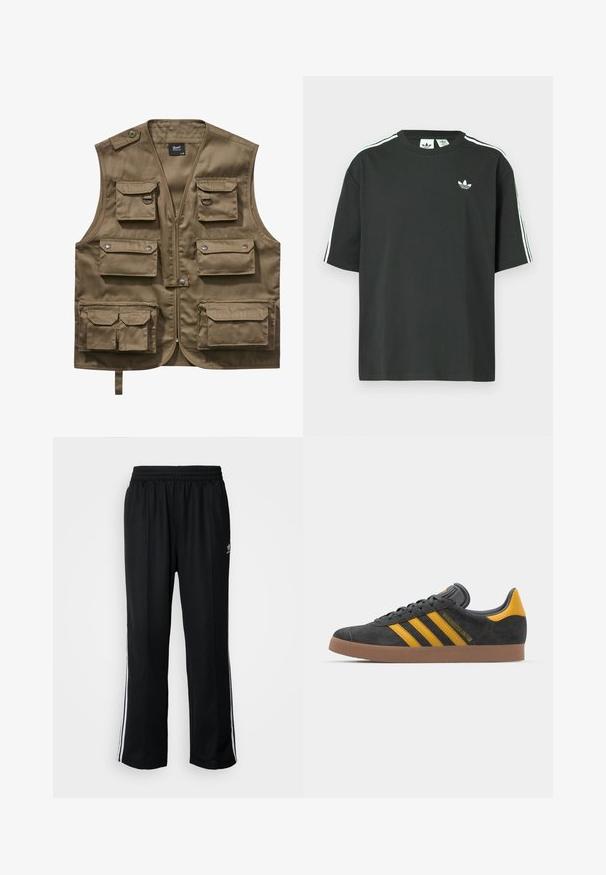 Horizontális zsebekkel ellátott khaki munkamellény, tartós anyagból készült, elől több zseb található hajtókával, cipzáras záródással és állítható nyakpánttal.; Fekete pamutpóló rövid ujjakkal, kerek nyakkivágással és fehér háromcsíkos mintázattal a vállakon. A mellrészen kis fehér logó található.; Fekete sportnadrág rugalmas derékrésszel, fehér oldalsávokkal és egy kis logóval. Az anyaga lágy és könnyűnek tűnik.; Fekete velúrbőr sportcipő sárga díszítéssel, három csíkkal és barna gumitalppal. Párnázott nyelvével a kényelem érdekében.