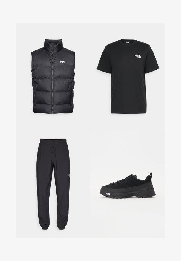 Black puffer vest with a high collar, front zipper, and two side pockets. Features a horizontal quilted design and white logo on the chest.; Black cotton t-shirt with short sleeves, crew neck, and a small white logo on the left chest. Simple design, smooth texture, and relaxed fit.; Black athletic pants made from lightweight fabric, featuring a drawstring waistband, side pockets, and tapered cuffs at the ankles.; Black outdoor sneaker with a suede upper, textured rubber sole, and sturdy lacing system. Features a reinforced heel and brand logo on the side.