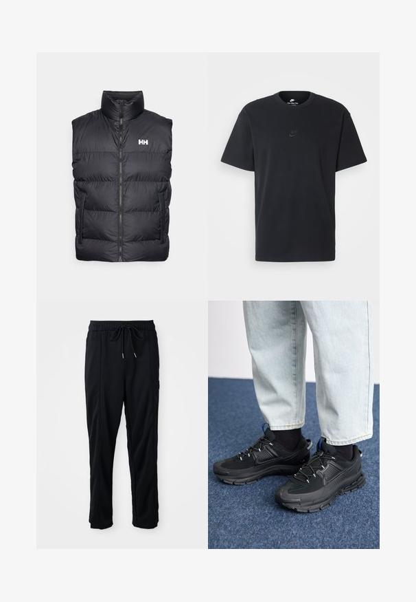 Fekete puffervessző magas gallérral, elöl cipzárral és két oldalsó zsebbel. Jellemzője a vízszintes steppelt dizájn és a fehér logó a mellkason.; Fekete pamut póló Nike márkájú, klasszikus, kerek nyakú, rövid ujjú, és letisztult, dombornyomott logóval a mellkason. Simább textúra.; Fekete húzózsinóros, kényelmes nadrág oldalsó varrású zsebekkel és egyenes szabással, egyszínű háttéren.; Fekete sportcipők texturált anyaggal és gumitalppal, elasztikus fűzőkkel és kék kiegészítővel a saroknál. Világos farmernadrággal viselve.