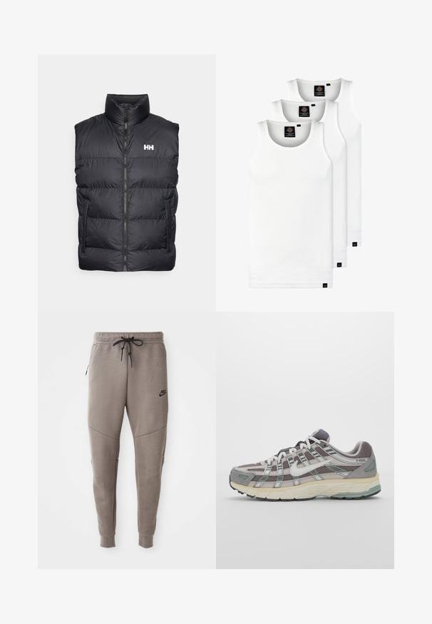 Fekete puffervessző magas gallérral, elöl cipzárral és két oldalsó zsebbel. Jellemzője a vízszintes steppelt dizájn és a fehér logó a mellkason.; Három fehér csíkos pamut trikó. Felső része kerek nyakkivágású, és a szegély közelében kis fekete címkék találhatók. Több méretben elérhető.; Szürke Nike melegítőnadrág húzózsinórral a deréknál, keskeny lábakkal, oldalsó zsebekkel és jellegzetes varrás részletekkel. Puha, texturált anyag.; Szürke sportcipő, hálós és velúr felsőrésszel, fehér részletekkel, párnázott talppal és jellegzetes dizájnnal, amely visszaverő elemeket tartalmaz.
