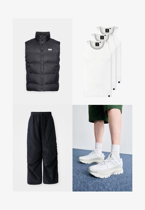 Schwarze Pufferweste mit hohem Kragen, Frontreißverschluss und zwei seitlichen Taschen. Merkmale ein horizontales Steppmuster und ein weißes Logo auf der Brust.; Drei weiße, gerippte Tanktops aus Baumwolle. Merkmale einen Rundhalsausschnitt und kleine schwarze Etiketten am Saum. In mehreren Größen erhältlich.; Schwarze, leichte Nylon-Cargohosen mit elastischem Bund, verstellbarem Kordelzug und mehreren geschichteten Taschen an den Beinen.; Weiße Sportschuhe mit strukturierten Überzügen, einer dicken Sohle und grauen Akzenten. Tragen mit weißen Crew-Socken und grünen Shorts auf einer blauen Oberfläche.