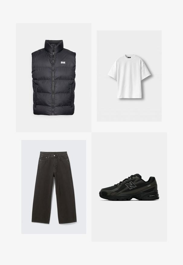 Zwarte puffer vest met een hoge kraag, een rits aan de voorkant en twee zakken aan de zijkant. Kenmerkt zich door een horizontaal gestikte design en een wit logo op de borst.; Witte katoenen T-shirt met korte mouwen, een ronde hals en een ontspannen pasvorm. Gladde textuur, zonder patronen of accenten.; Olijfgroene jas van katoen met een knoopsluiting, spitse kraag en vier zakken. Heeft een relaxte pasvorm en een zachte textuur.; Wijdbenige zwarte denim jeans hebben een hoge taille, vijf zakken en een knoopsluiting. De stof heeft een zachte, gestructureerde afwerking.; Zwarte sportieve schoenen met een gestructureerde synthetische bovenkant, uitgerust met een gevoerde zool en een opvallend "N"-logo aan de zijkant. Het ontwerp bevat lichte mesh-secties.