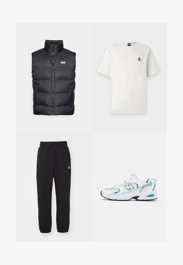 Schwarze Pufferweste mit hohem Kragen, Frontreißverschluss und zwei seitlichen Taschen. Merkmale ein horizontales Steppmuster und ein weißes Logo auf der Brust.; Weißes T-Shirt aus Baumwolle mit einem kleinen, gestickten Motiv einer Flasche auf der linken Brustseite. Klassischer Rundhalsausschnitt und kurze Ärmel.; Schwarze Jogginghose aus weichem Stoff, mit einem elastischen Bund und Kordelzug, Bündchen an den Knöcheln und einem kleinen Logo am Oberschenkel.; Weißer Sportschuh mit Mesh- und Synthetikpaneelen, türkisfarbenen Akzenten, runde Zehenpartie, Schnürverschluss und schwarzer Gummisohle.