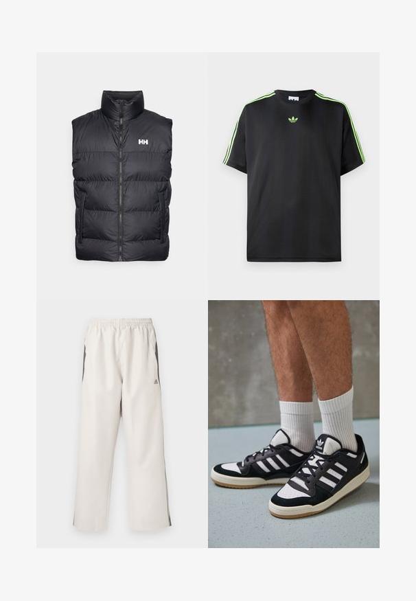 Juodas pūkų liemenė su aukštu apykakle, priekiniai užtrauktukai ir dvi šoninės kišenės. Yra horizontaliu siuvinėjimu ir baltu logotipu ant krūtinės.; Juodas marškinėliai, pagaminti iš lygios medžiagos, su apykakle, turinčia tris žalias juosteles ant pečių ir mažą žalią logotipą ant krūtinės.; Šviesiai smėlinės spalvos treniruočių kelnės su elastingu juosmeniu, šoninėmis kišenėmis, juodomis šoninėmis juostelėmis ir Adidas logotipu ant kairiojo šlaunies. Lygus audinio paviršius.; Juodos ir baltos sportinės bateliai su zomšiniu ir odiniu viršumi, su trimis baltomis juostelėmis, perforuota koja ir guminėmis padais.