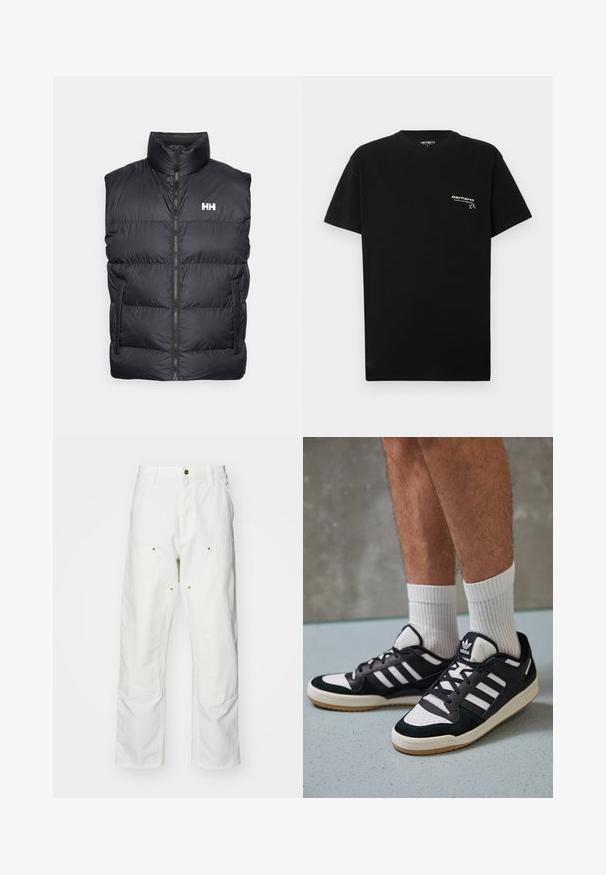 Schwarze Pufferweste mit hohem Kragen, Frontreißverschluss und zwei seitlichen Taschen. Merkmale ein horizontales Steppmuster und ein weißes Logo auf der Brust.; Schwarzes Baumwoll-T-Shirt mit kurzen Ärmeln, rundem Ausschnitt und einem kleinen weißen Logo auf der linken Brustseite.; Weiße Baumwoll-Cargohose mit lockerer Passform. Zu den Merkmalen gehören Fronttaschen, goldfarbene Hardware-Akzente und verstärkte Kniebereiche.; Schwarz-weiße Sneaker mit einem Obermaterial aus Wildleder und Leder, ausgestattet mit drei weißen Streifen, einer perforierten Zehenpartie und einer Sohle aus Gummi.