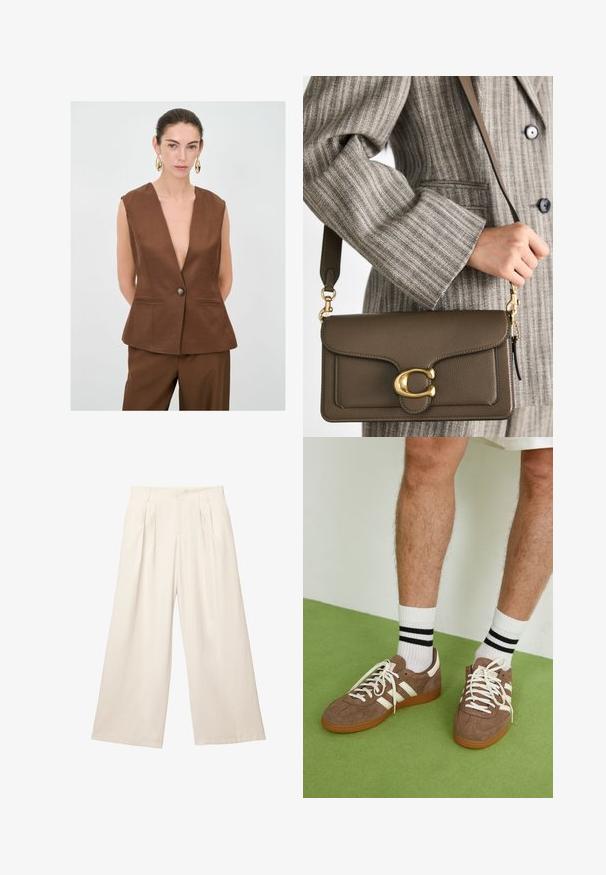 Brązowa bezrękawnik z głębokim dekoltem w kształcie V, zapinana na jeden guzik, z dwiema przednimi kieszeniami. Gładka faktura, dopasowany krój.; Brązowy, dziany sweter z dekoltem w serek, długimi rękawami, lekko skróconym krojem i prążkowanym wykończeniem. Miękka faktura z gładkim wykończeniem.; Spodnie o szerokich nogawkach w jasnym beżowym kolorze z miękkiej, teksturowanej tkaniny. Posiadają plisowane przody oraz elastyczny pas dla luźnego kroju.; Brązowe zamszowe sneakersy z białymi akcentami i sznurówkami. Gumowa, brązowa podeszwa. Noszone z białymi skarpetkami w czarne paski. Zielona teksturowana podłoga.; COACH - Torebka