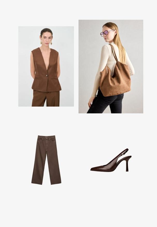 Brauner ärmelloser Blazer mit tiefem V-Ausschnitt, einem Knopfverschluss und zwei Vorderaschen. Glatte Textur, taillierte Form.; Weißes T-Shirt mit kurzen Ärmeln aus Baumwolle. Hat einen Rundhalsausschnitt und eine lockere Passform. Glatte Textur ohne sichtbare Muster oder Akzente.; Weite braune Jeans aus Denim, mit hoher Taille, Fronttaschen und klassischem Knopfverschluss. Glatte Textur mit feinen Nähten.; Braune Leder-Slingback-Pumps mit spitzer Zehenform und dünnem Absatz. Sie verfügen über eine kleine Akzent-Schnalle am Riemen und eine glänzende Oberfläche.; Braune Wildleder-Tasche mit weicher Textur, großer Öffnung und langen Trägern. Sie verfügt über ein simples Design mit sichtbarem Stich und ohne Beschläge.