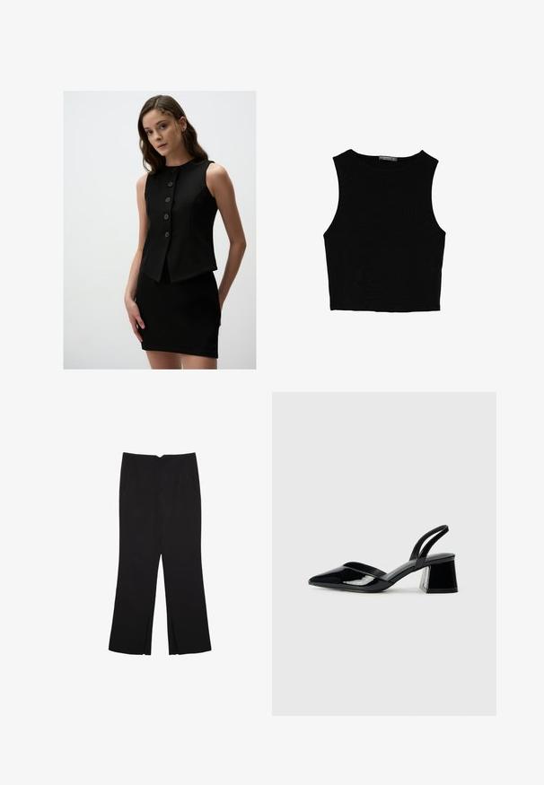 Czarna, bezrękawnikowa bluzka z dopasowanym krojem, z wysokim dekoltem i sześcioma guzikami z przodu. Gładka tekstura i krótki dół.; Czarny bezrękawnik crop top z gładkiego materiału, z okrągłym dekoltem i czystym, prostym wzornictwem, bez wzorów czy metalowych elementów.; Czarne spodnie o prostym kroju, z przednimi kieszeniami i bocznymi rozcięciami na dole. Wykonane z miękkiego, gładkiego materiału. Odpowiednie na różne okazje.; Czarne lakierowane półbuty na obcasie z wydłużonym noskiem i geometrycznym słupkiem. Charakteryzują się eleganckim, minimalistycznym designem oraz gładką fakturą.