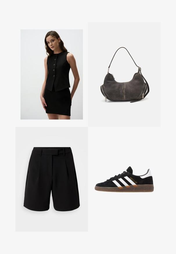 Haut sans manches noir au design ajusté, avec un col montant et six boutons sur le devant. Texture lisse et ourlet court.; Top court côtelé noir avec un col rond et sans manches. Fabriqué en tissu extensible et texturé. Étiquette mentionne "Urban Classics."; Shorts noirs ajustés, en tissu lisse, avec une taille haute, des plis, des passants de ceinture et des poches latérales, au design épuré.; Baskets Adidas noires avec rayures blanches, inscription dorée "Spezial", semelle en gomme et languette blanche au talon, présentées en vue de profil.; Sac hobo en suède gris foncé, avec une forme incurvée, une poignée supérieure et des zips latéraux avec des tirettes en métal. Texture lisse et détails de couture visibles.