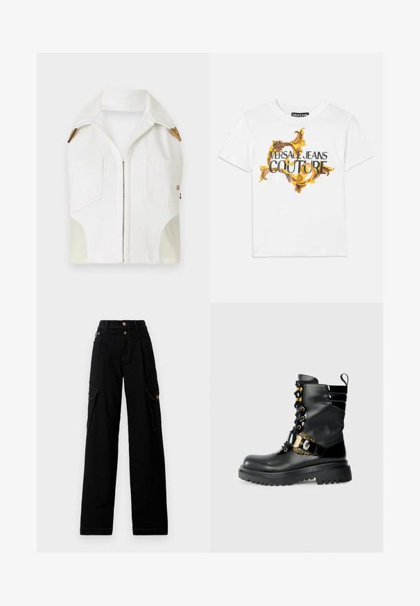 Vit ärmlös jacka med spetsig krage, detaljer i guldton, två framfickor och en kontrasterande beige panel på sidorna.; Vit bomulls t-shirt med ett guld- och brunt barockmönster, där "VERSACE JEANS COUTURE" är framträdande tryckt i svart text.; Svarta vida cargo-byxor med knappstängning, bältesöglor, sidofickor med lock och kontrasterande vit söm, lagda platta på en vit bakgrund.; Svart läderankelsko med glänsande detaljer, snörning, guldspänne och en tjock sula med strukturerat mönster.