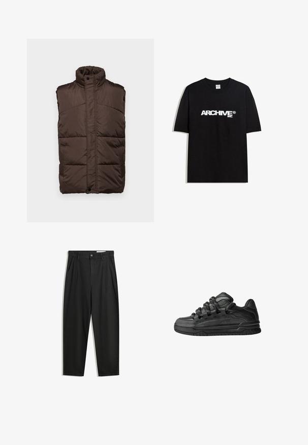 Barna, ujjatlan, párnázott mellény magas gallérral, sima külsejű, steppelt kivitelű, és két oldalsó zsebbel.; Fekete pamut póló, fehér "ARCHIVE inc." logóval a mellkasán, rövid ujjakkal és kerek nyakkivágással.; Fekete pamut nadrág laza szabással, klasszikus derékrésszel, elülső hajtásokkal és oldalsó zsebekkel. Simább textúra minta nélkül.; Fekete sportcipők sima bőrből készült felső résszel, struktúrált kiegészítőkkel, valamint kerek fekete és fehér fűzőkkel. Vastag gumitalp mintázott bordázattal.