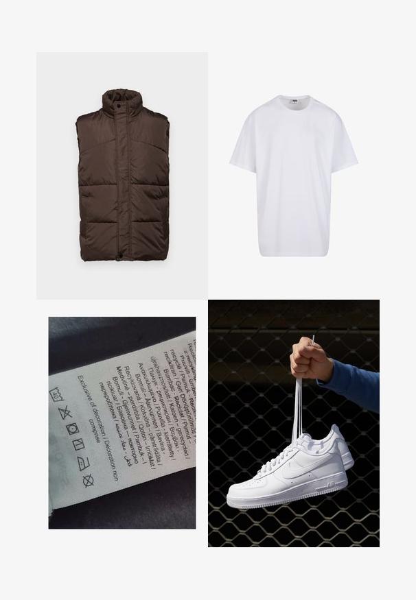 Braune, ärmellose gepolsterte Weste mit hohem Kragen, die eine glatte Außenseite, ein gestepptes Design und zwei Seitentaschen aufweist.; Weiße Baumwoll-T-Shirt mit kurzen Ärmeln, rundem Ausschnitt, lockerer Passform und ohne sichtbare Logos oder Muster. Glatte Textur und minimalistisches Design.; Etikett mit mehrsprachigem Text, Pflegehinweisen und Recycling-Symbolen, auf einem weichen, textilähnlichen Material in heller Farbe gedruckt.; Weiße Leder-Sneaker mit Perforationen, runder Zehenpartie, flacher Sohle und dicken Schnürsenkeln, mit sichtbar eingesticktem Swoosh-Logo und "AIR" an der Ferse.