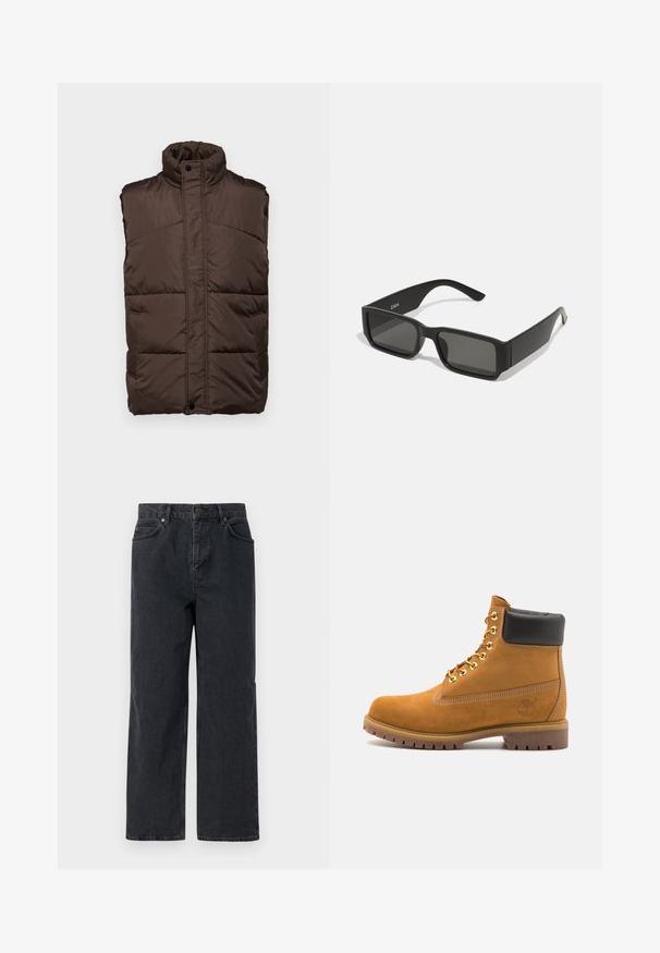 Hnědá nezapínací prošívaná vesta s vysokým límcem, s hladkým povrchem, prošívaným designem a dvěma bočními kapsami.; Šest bílých bavlněných triček s krátkými rukávy a kulatými výstřihy uspořádaných v řadě, s hladkou texturou a bez viditelných vzorů.; Tmavě modré džíny s širokýma nohavicema, pěti-kapsovým designem a zapínáním na knoflík. Obsahují měděné kovové doplňky a jemnou strukturu.; Hnědé semišové kotníkové boty s černým polstrovaným límcem, zlatými kovovými očky, bílým prošíváním a odolnou gumovou podrážkou s výraznými drážkami.; Černé sluneční brýle s obdélníkovými čočkami, matný plastový rám a rovné okraje. Obsahují logo značky na vnitřní straně ramena.