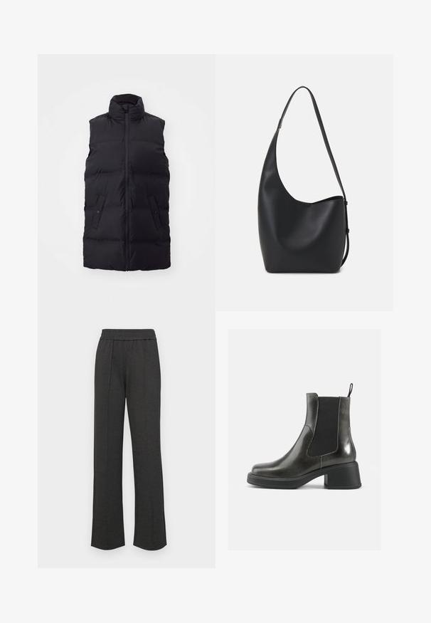 Fekete ujjtalan pufermellény magas gallérral, cipzáros elejével, két gombos zsebbel és végig steppelt textúrával.; Fehér pamut környakú póló, rövid ujjakkal és sima textúrával. Kényelmes és sokoldalú, laza szabással készült.; Fekete egyenes szabású nadrág, gumis derékkal, elöl pliszékkel, puha anyagból, látható minták vagy fém részletek nélkül.; Fekete bőr bokacsizmák sima felülettel, rugalmas oldalsó panelekkel és vastag sarkakkal. Jellemzőjük egy húzófül, amely megkönnyíti a felvételt.; Fekete bőr hobo táska sima textúrával, ívelt formával és egyetlen állítható pánttal; széles nyílás található a tetején.