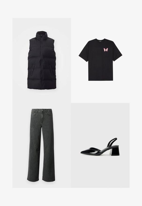 Crni bezrukavnik s visokim ovratnikom, prednjim patentnim zatvaračem, dva džepa na gumb i cijelom sloju od prešane tkanine.; Crna pamučna majica s kratkim rukavima, s malim grafičkim prikazom ružičaste vjetricaste s desne strane na prsima. Dizajn s okruglim izrezom i opuštenim krojem.; Široke traperice od tamno sive denima, s nježnom zebrom uzorak tekstura, kontrastnim šavovima i dizajnom s pet džepova uz dugme.; Crne lakirane kožne sandale s otvorenom petom i špicastim vrhom, s geometrijskom blok petom. Imaju elegantan, minimalistički dizajn i glatku teksturu.