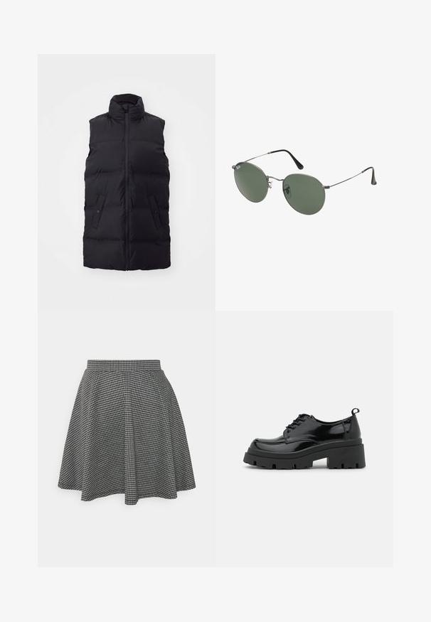 Vesta puffer fără mâneci, de culoare neagră, cu guler înalt, fermoar frontal, două buzunare cu nasturi și o textură matlasată pe întreaga suprafață.; Top scurt ribbed negru, cu decolteu rotund și fără mâneci. Fabricat dintr-un material moale și elastic, având margini finisate.; Fustă de tip skater în carouri alb-negru, cu un waistband ajustat și o margine evazată, realizată dintr-un material texturat care afișează un model clasic.; Pantofi din piele lacuită neagră cu o talpă platformă masivă și șireturi groase. Vârf rotunjit, detalii minime și o mică bucată de suport la spate.; Ochelari de soare cu ramă metalică, dotati cu lentile ovale verzi. Ramă subțire din metal argintiu și ușițe negre. Design minimalist, fără logo-uri vizibile.