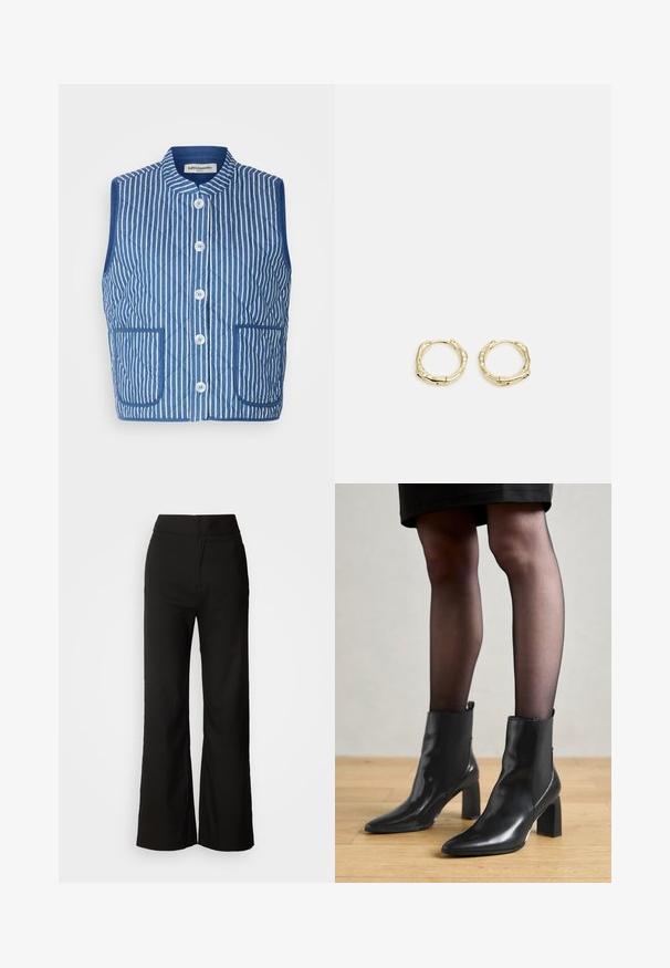 Colete acolchoado em azul com riscas verticais brancas, gola mandarina, botões frontais e dois bolsos em pala. Textura de tecido suave.; Camisola de gola alta de manga longa na cor navy. Feita em tecido suave com uma textura lisa. Apresenta um design ajustado e gola alta sem costuras visíveis.; Calças largas pretas com uma textura suave, cintura alta e um design clean. Sem bolsos visíveis ou adornos.; Botas de tornozelo em couro preto com bico fino, salto quadrado robusto e design elegante. Apresenta painéis laterais elásticos para facilitar o calçar.; Brincos de argola dourados com um formato irregular e texturizado. Apresentam um fecho sem emenda e um acabamento polido, destacando um design moderno.