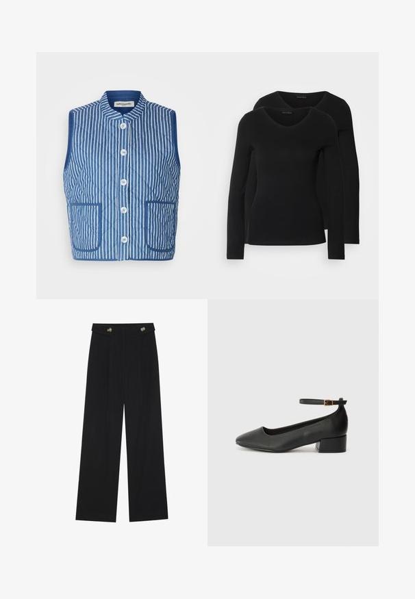 Sinine tikandiga vest valgete vertikaalsete triipudega, mandariini kaelusega, esituskessudega ja kahe patšopoketiga. Pehme kangatextuur.; Kaks musta pika varrukaga särk, millel on V-kaelus ja mis on valmistatud pehmest ja venivast kangast, millel on sile tekstuur ja sobiv kuju.; Mustad laiad püksid kõrge vöökoha ja nööpdetailidega vööandil, esikortsudega.; Must mustaapp, millel on terav nina ja madal blokk-kand. Omab pahkluu rihma koos kuldse tooni pandlaga. Sile tekstuur.