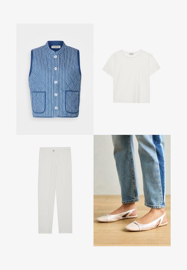 Prošívaná vesta v modré barvě s bílými svislými pruhy, mandarinovým límcem, předními knoflíky a dvěma náprsními kapsami. Měkká textura látky.; Bílé tričko s krátkým rukávem vyrobené z měkké bavlny. Má kulatý výstřih a volný střih. Čistý design bez viditelných vzorů nebo akcentů.; Bílé kalhoty na míru s rovnými nohavicemi, se zapínáním na knoflík, poutky na opasek a bočními kapsami; hladká struktura látky.; Světle růžové slingback baleríny s špičatou špičkou, vyrobené z hladkého koženému materiálu. Obsahují vystřihovací detaily po stranách a plochý podpatek.