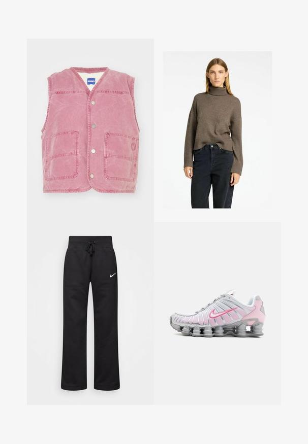 HUGO ANULA - Liemenė - medium pink; Rudas golfo megztinis su reljefine apdaila ir plačiomis rankovėmis, derinamas su tamsiomis aukšto liemens džinsais. Minkšta, tekstūruota mezgimo medžiaga.; Juodos medvilnės blend'o treninginės kelnės su raišteliu juosmens srityje, tiesiomis kojomis ir baltu Nike logotipu kairėje pusėje.; Baltas ir šviesiai rožinis Nike sportinis batelis. Savybės: tinklinė viršutinė dalis ir išskirtinė kreivi padas su matomu oro amortizatoriumi.