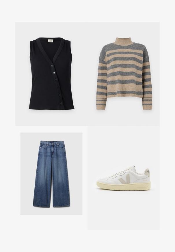 Top preto sem mangas com textura canelada, decote em V e uma linha de cinco botões na frente para fecho.; Sweater de malha às riscas com cores cinza e bege, gola alta, mangas largas com punhos e um corte solto com design cropped.; Calças de ganga azul de perna larga com um acabamento desbotado, apresentando um fecho de botão e zipper, cinco bolsos e passantes para cinto.; Sapatilha de couro branca com detalhes em camurça bege, biqueira perfurada, atacadores planos e sola texturizada creme. Apresenta uma marcação subtil no calcanhar.