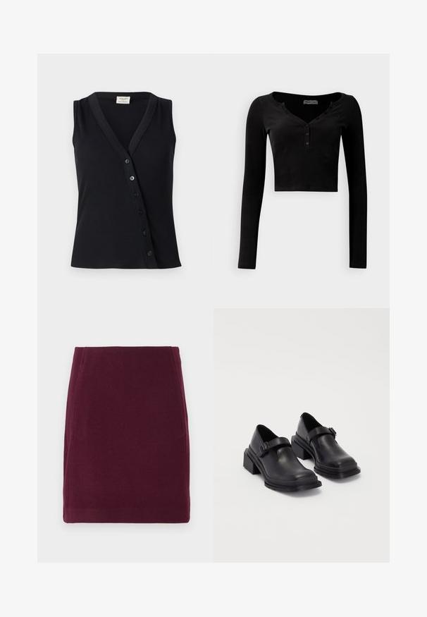 Black sleeveless top with a ribbed texture, V-neckline, and a row of five buttons along the front for closure.; Black cropped long-sleeve top made of ribbed fabric, featuring a V-neckline and three-button placket at the front.; Vero Moda VMFORTUNALLISON SHORT - A-line skirt - winetasting; Black leather shoes with a rounded toe, flat sole, and a strap with a buckle detail. Chunky block heel for added stability.