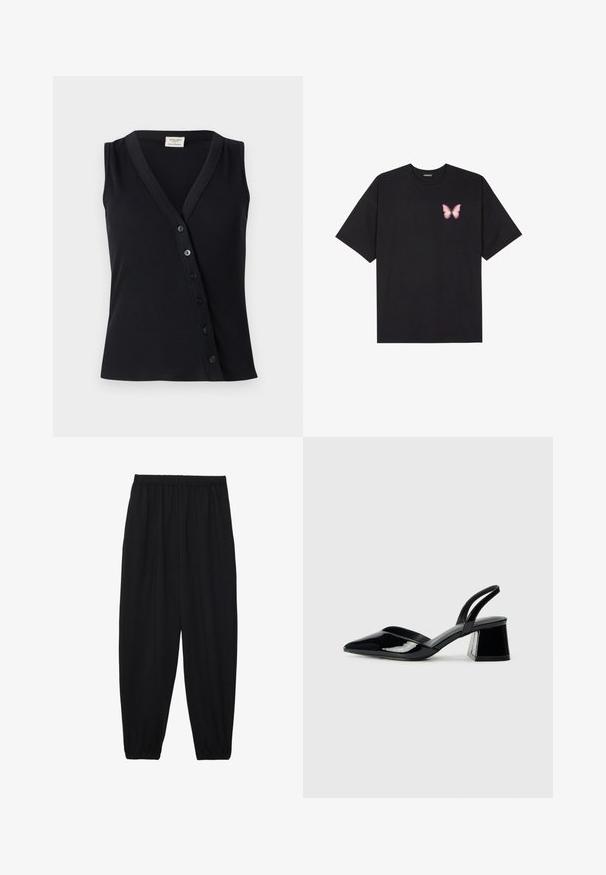 Débardeur noir sans manches avec une texture côtelée, encolure en V et une rangée de cinq boutons sur le devant pour la fermeture.; T-shirt en coton noir à manches courtes, avec un petit graphique de papillon rose sur la poitrine gauche. Modèle à col rond avec une coupe décontractée.; Pantalons noirs légers avec une taille élastique et des chevilles froncées. Le tissu est lisse et présente un design décontracté et fuselé.; Escarpins en cuir verni noir avec bout pointu et talon bloc géométrique. Présente un design élégant et minimaliste ainsi qu'une texture lisse.
