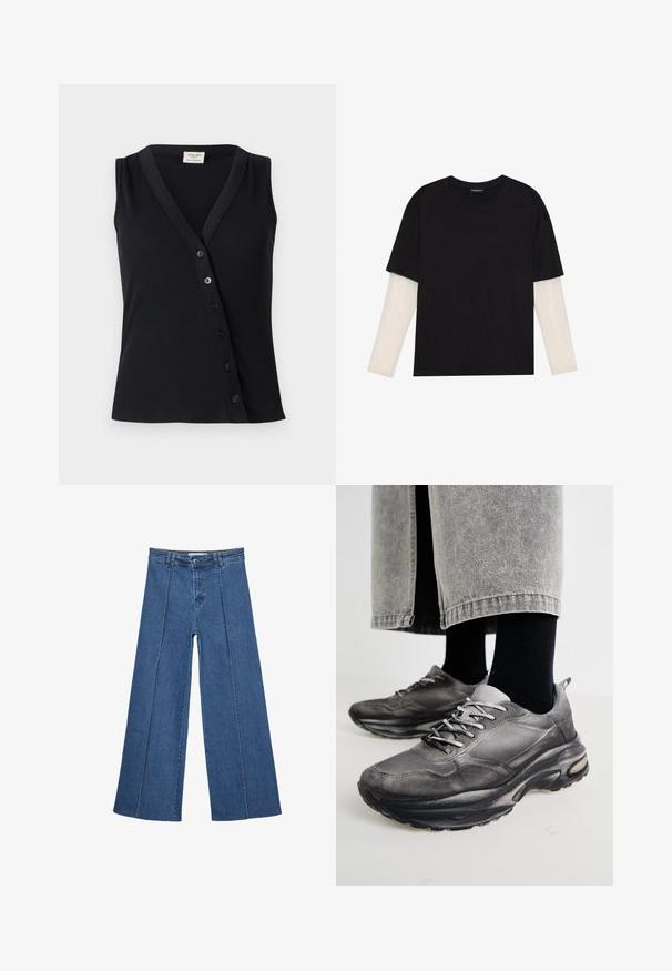 Débardeur noir sans manches avec une texture côtelée, encolure en V et une rangée de cinq boutons sur le devant pour la fermeture.; T-shirt noir en coton, avec des manches courtes sur une couche à manches longues blanche avec un motif texturé subtil. Col rond.; Jeans en denim à jambes larges de couleur bleu moyen, présentant une taille haute, une fermeture à bouton et des détails de couture verticaux contrastants à l'avant.; Des chaussures de sport noires et grises présentent un dessus en mesh, des semelles épaisses et des lacets. Elles ont un bout arrondi et des détails de rembourrage visibles.
