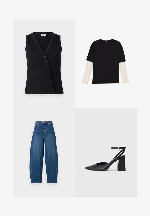 Black sleeveless top with a ribbed texture, V-neckline, and a row of five buttons along the front for closure.; Black T-shirt made of cotton, featuring short sleeves over a white long-sleeve layer with a subtle textured pattern. Crew neckline design.; Denim jeans in a medium blue wash, featuring a high waist, wide leg cut, and standard five-pocket design with visible stitching details.; Black leather pointy-toe pump with an ankle strap and a chunky heel. Flat texture, sleek design, and minimalistic aesthetics.