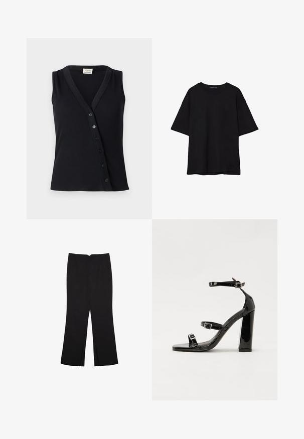 Crna bezrukavna majica s rebrastom teksturom, V-izrezom i redom od pet dugmadi sprijeda za zatvaranje.; Crna pamučna majica s opuštenim krojem, kratkim rukavima, okruglim izrezom i glatkom teksturom. Nema vidljivih uzoraka ili detalja.; Crne hlače ravnog kroja, s prednjim džepovima i bočnim prorezima na rubu. Izrađene od mekog i glatkog materijala. Pogodne za razne prigode.; Crne lakirane sandale na pete sa kvadratnim nosom, trakama oko gležnja i srebrnim kopčama. Imaju čvrst blok petu za stabilnost.