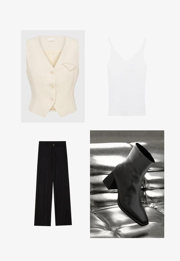 Vesta bej fără mâneci, cu decolteu în V, cinci nasturi și un buzunar mic pe partea stângă. Material texturat și croială ajustată.; top alb cu bretele subțiri, decupaj în V, design ajustat și textură striată. Materialul pare moale și ușor.; Pantaloni negri cu picioare largi, confecționați dintr-un material neted, având buzunare frontale și închidere cu nasture la talie. Design minimalist, fără modele.; Cizme negre până la gleznă, realizate dintr-un material lucios, cu vârf pătrat și toc conic, plasate pe un fundal strălucitor de argint, cu un model tuftat.