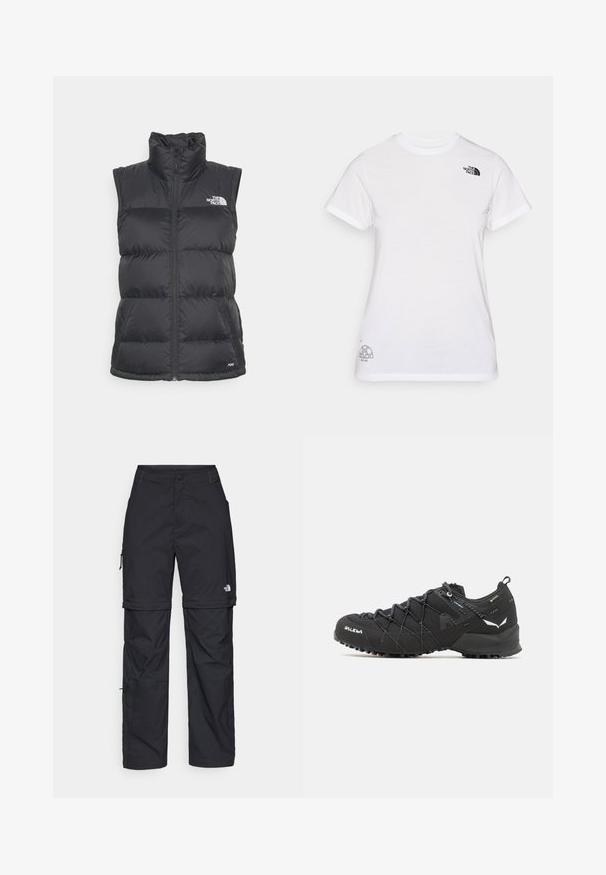 Czarna kamizelka puchowa z wysokim kołnierzem i pełnym zapięciem na zamek. Posiada pikowany wzór i logo na górnej lewej stronie. Lekki materiał.; Biała koszulka bawełniana z czarnym logo na lewej piersi i szarym graficznym wzorem w prawym dolnym rogu. Klasyczny okrągły dekolt i krótkie rękawy.; Czarne nylonowe spodnie cargo z odpinanymi nogawkami, regulowanymi mankietami, wieloma kieszeniami oraz logo na prawej nogawce. Gładka, lekka tekstura.; Czarne buty trekkingowe z teksturowaną cholewką z tkaniny, systemem sznurowania i wytrzymałą gumową podeszwą. Udekorowane odblaskowymi detalami i logo.