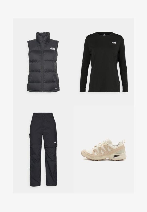 Čierna zateplená vesta s vysokým golierom a plným zipsom. Obsahuje prešívaný vzor a logo na hornej ľavej strane. Ľahký materiál.; Čierne tričko s dlhým rukávom vyrobené z bavlny s okrúhlym výstrihom. Obsahuje malé biele logo na ľavej strane hrudníka. Jednoduchý dizajn a strih.; Čierne nylonové cargo nohavice s odnímateľnými nohavicami, nastaviteľnými manžetami, viacerými vreckami a logom na pravej nohe. Hladká, ľahká textúra.; Beige a krémová športová obuv s textúrovaným sieťovým zvrškom, podporujúcimi prekrytiami a gumovou podrážkou s dezénom pre trakciu.