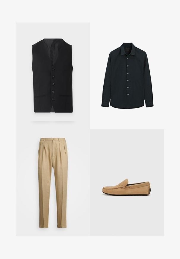 Svart väst med slät yta, utrustad med sex knappar, två sidofickor och en V-ringning. Ingen ärm och en ren silhuett.; Svart långärmad skjorta med krage, sju knappar fram, och manschetter, visad på vit bakgrund.; Beiga linnbyxor med rak passform, med två framveck, knappstängning och sidofickor. Strukturerad tyg med en mjuk yta.; Beige mockasiner i mocka med sydd tå, slip-on design och svart gummisula. Har subtil varumärkning på sidan.