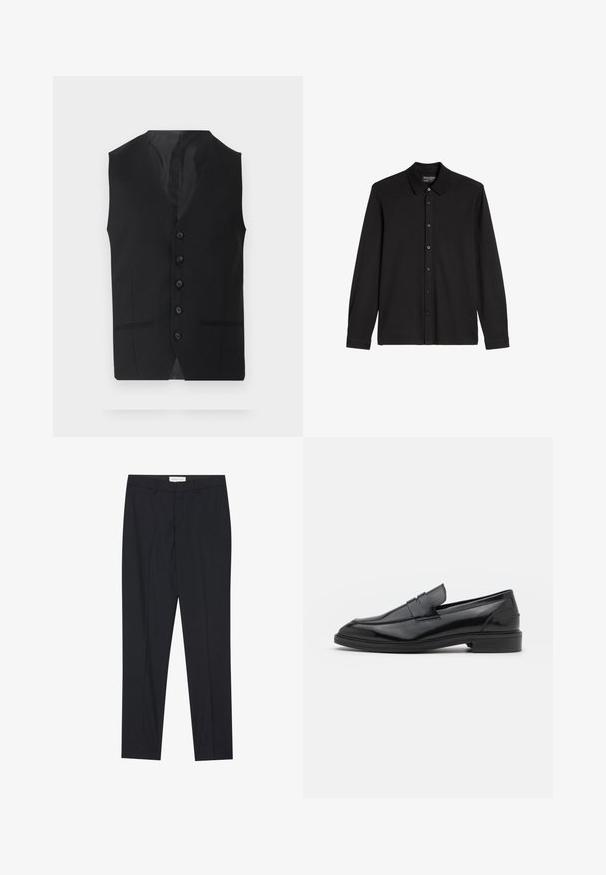 Schwarze Weste mit glatter Textur, ausgestattet mit sechs Knöpfen, zwei Seitentaschen und einem V-Ausschnitt. Ohne Ärmel und mit klarer Silhouette.; Schwarzes Langarmshirt aus weichem Material mit Kragen, durchgehender Knopfleiste und ohne Muster oder Akzente.; Schwarze maßgeschneiderte Hose mit flachem Vorderteil, normaler Passform, aus glattem Stoff, mit gebügelten Falten und Seitentaschen.; Schwarze Lederloafers mit glatter Oberfläche, runder Spitze und schmalem Riemen über dem Obermaterial. Niedriger, gestapelter Absatz.