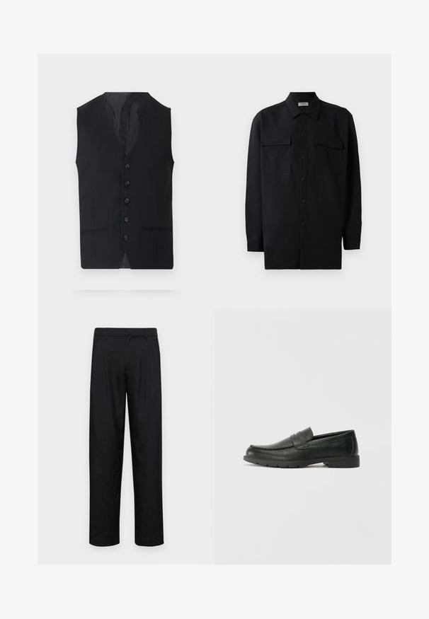 Svart vest med en glatt tekstur, med seks knapper, to sidelommer og en V-halsdesign. Uten ermer og med en ren silhuett.; Svart skjorte med knapper laget av glatt stoff, med klassisk krage, to frontlommer og lange ermer med knappe mansjetter.; Sorte bukser laget av glatt stoff, med rette ben, to frontfoldninger og standard liv med beltehemper.; Svart skinnloafers med glatt finish, mokkasin-stil overdel, broderte detaljer og gummisåle. Klassisk design med lav hæl.