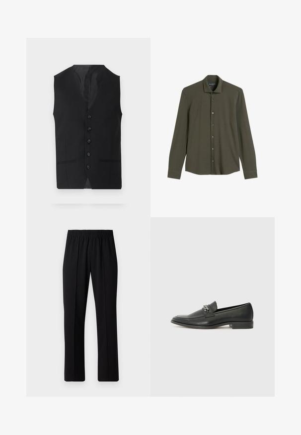 Černá vesta s hladkým povrchem, která má šest knoflíků, dvě boční kapsy a výstřih do V. Bez rukávů a s čistou siluetou.; Tmavě zelená košile s dlouhým rukávem vyrobená z měkké tkaniny, s knoflíkovou légu, špičatým límcem a standardními manžetami.; Černé kalhoty s elastickým pasem a rovnými nohavicemi, s hladkým povrchem a bez viditelných vzorů nebo kovových doplňků.; Černé kožené mokasíny s hladkým povrchem, s prošívaným designem a dekoračním kovovým řetízkem přes nárt. Plochý podpatek.