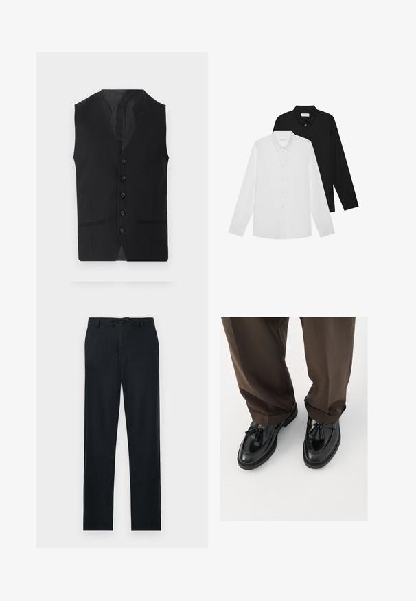 Crni prsluk glatke teksture, sadrži šest dugmadi, dva bočna džepa i V-izrez. Bez rukava i s čistom siluetom.; Bijele i crne košulje dugih rukava s oštrim kragnama, prednjim gumbima i glatkom teksturom tkanine. Oznake su vidljive na unutarnjoj strani vrata.; Crne hlače od laganog materijala, ravnog kroja, s podesivim pojasom na vezanje i dva bočna džepa.; Crne kožne mokasine s zaobljenim vrhom, ukrasnim resicama i teksturiranim šavovima, u paru s smešnim, blago slobodnim hlačama.