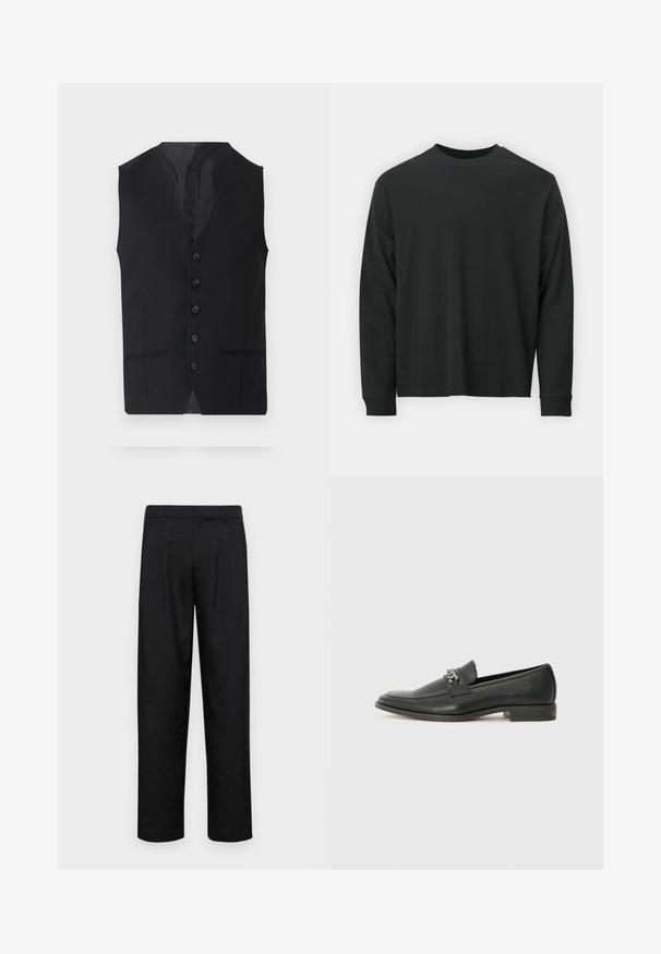 Svart väst med slät yta, utrustad med sex knappar, två sidofickor och en V-ringning. Ingen ärm och en ren silhuett.; Långärmad svart T-shirt gjord av bomull, med rund halsringning, lös passform och ribbade ärmslut. Slät textur utan synliga mönster.; Svarta byxor i slät väv, med rak ben-design, två framfickor och standardmidja med bälteshällor.; Svart läderloafers med en slät yta, med en sydd design och en dekorativ metallkedjeaccent över västen. Platt häldesign.