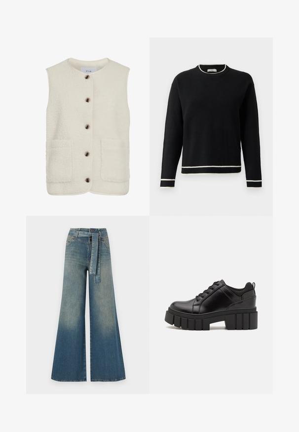 Džemper brez rokavov v kremni barvi z okroglim vratom, sprednjim gumbom in dvema velikima žeponkama. Ima teksturirano površino in kontrastne obrobe.; Črni pulover z dolgimi rokavi in okroglim izrezom, z belim obrobo na ovratniku, manšetah in spodnjem robu, prikazan na enobarvni beli podlagi.; Široke jeans hlače z gradientom od svetlo do temno modre, visokim pasom, zankami za pas in pasom iz istega materiala. Tekstura denim končnica.; Črne usnjene platforme z debelim blokastim petam, okroglo konico in klasičnim vezanjem. Imajo gladko teksturo in minimalne podrobnosti.