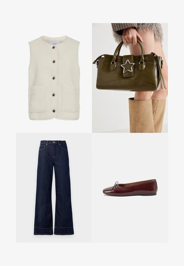 Fleece vest in cream with a round neck, front button closure, and two large patch pockets. Features a textured surface and contrast piping.; Grey cotton T-shirt featuring a classic crew neck, short sleeves, and a smooth texture, suitable for casual wear.; Dark blue wide-leg jeans made from denim. Features a button closure, stitching details, and side pockets. Flared bottom hem.; Burgundy patent leather ballet flat with a rounded toe, small bow accent at the front, and a low, black rubber sole. Smooth texture.; Olive green faux leather handbag with silver star accent, dual handles, and a zip closure. Textured surface and structured shape.