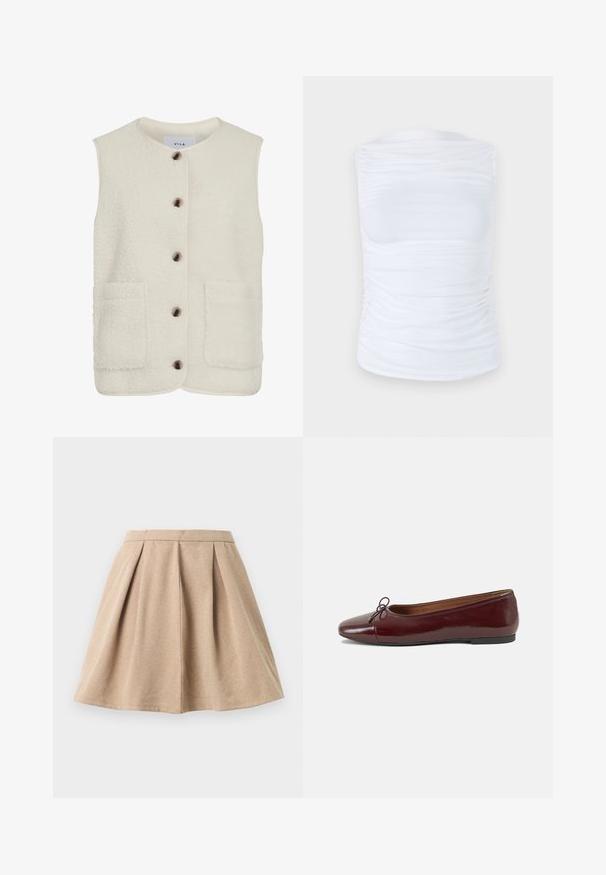 Fleecasti prsluk krem boje s okruglim izrezom, prednjim kopčanjem na dugmad i dva velika zakrpljena džepa. Ima teksturiranu površinu i kontrastne obrube.; Bijela bezrukavna majica napravljena od glatkog, rastezljivog materijala s nabr mansionja duž strana, koja ima okrugli izrez i prilagođeni kroj.; Bež plisirana suknja izrađena od teksturirane tkanine, s prilagođenim pojasom i raširenim dizajnom koji se proteže do sredine bedra.; Burgundska lakirana balerinka s zaobljenim vrhom, malim mašnom sprijeda i niskom, crnom gumenom potplatu. Glatka tekstura.