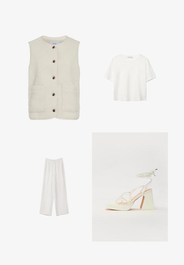 Fleeceväst i krämfärg med rund hals, framknäppning med knappar och två stora påsydda fickor. Har en strukturerad yta och kontrasterande piping.; Vit t-shirt med kort ärm i bomull. Har en rundad halsringning och en avslappnad passform. Slät textur utan synliga mönster eller detaljer.; Vita vida byxor i vid passform gjorda av ett lättviktsmaterial. Har en elastisk midja med dragsko och sidofickor. Slät textur.; Vit högklackad sandal med en kraftig klack, med ett remdesign och ankelband. Slät textur med en plattform framtill för ökad höjd.